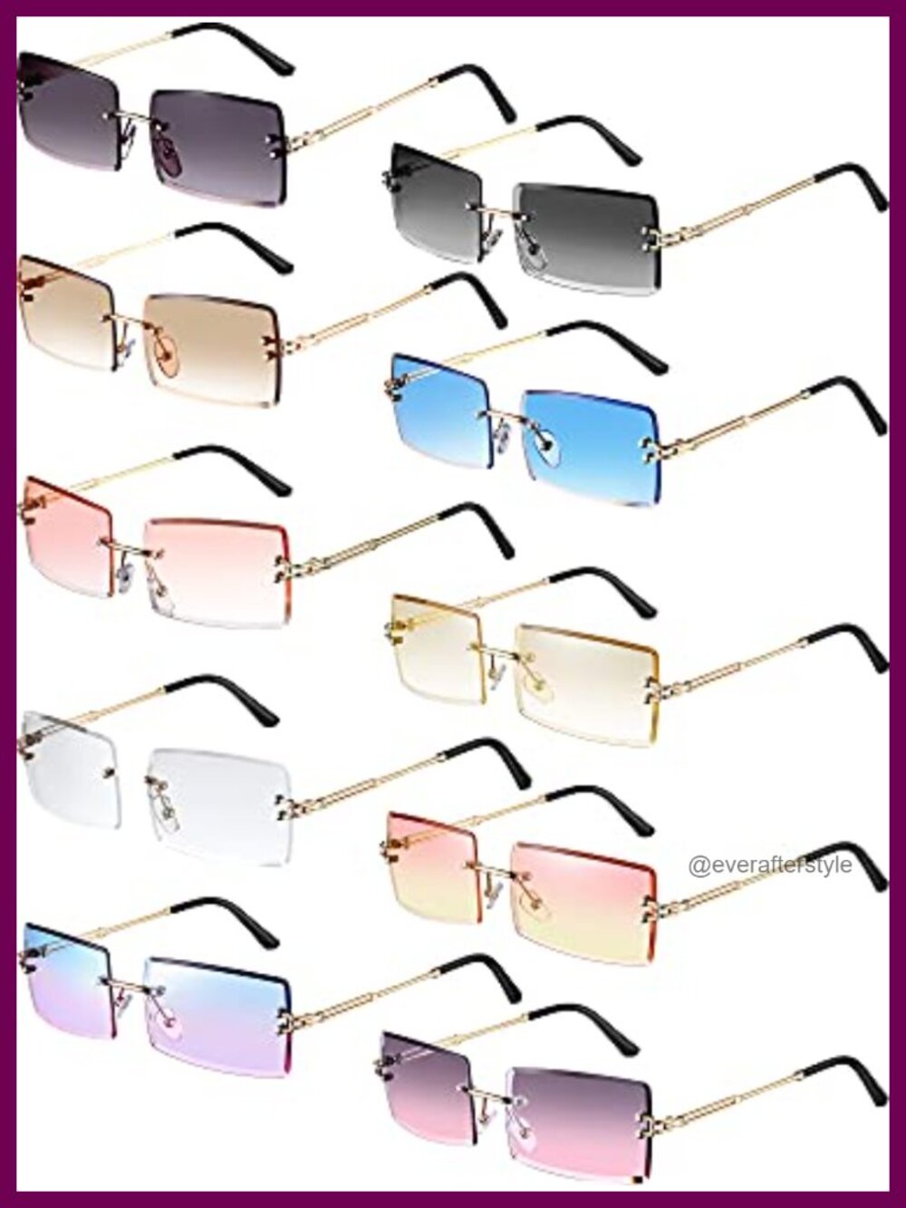 10 Pk Rimless Rectangle Y2K Sunglasses Polarized Metal Frame